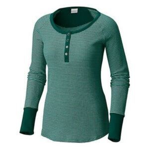 COLUMBIA Women's Along the Gorge Green Striped Thermal Hensley Long-Sleeve Top